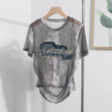 Real Shooting Embroidery With Straight Shoulder Short-Sleeved Mesh T-Shirt Fold Irregular Perspective Hood Top