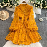 Fongt Spring And Summer Sweet Court Style V Collar Lantern Sleeve Fashion Embroidery Spoon Thin A Word Elegant Dress Woman Trend