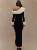 Off-shoulder Black Fur Trim Long Sleeve Maxi Bodycon Dress-Outfit