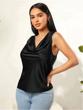 New Summer Satin Heap Collar Solid Color Sleeveless Vest Sleeveless Blouse-Outfit