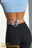 Women Y2K Lace Up Backless Tank Top Solid Knitted T-shirts Tops Sexy Crop Top Night Club Outfits 2023 Streetwear Basic