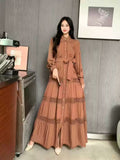 Fongt Gentle Style Dress Spring Dress Design Hollow Lace Splicing Bubble Sleeve Dress Holiday Dress