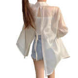 Fongt Silk Cardigan Small Loose Thin Long Sleeve Sunscreen Shirt Women's Summer Design Sense Back Open Fork Shirt