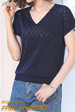 Hollow Out Short Sleeve Knitted Tops 2023 Thin V Neck Loose Pullovers Sweaters Women Jumpers Womens Clothing Sweter