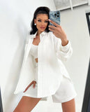 Fongt Women's Solid Color Single Row Buckle Long-Sleeved Shirt Loose Fashion Casual Shorts Set