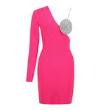 Long One Sleeve Rhinestone Cup Mini Dress-Outfit