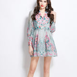 Fongt Retro Elegant Suit Collar Long Sleeves With Waist Print Dress Women's Thin Temperament Single Buckle A Skirt