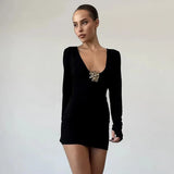 Deep V-neck Long Sleeve Bodycon Gold Applique Mini Dress-Outfit