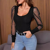 Fongt Women's Wear 2024 Summer New U Collar Mesh Sleeve Splicing Pure Color Versatile Show Thin Temperament T-Shirt Women's Top-Outfit