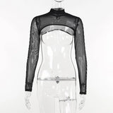Dark Grunge Mall Gothic Mesh Sexy Women Crop Tops See Through Black Long Sleeve Overshirts Punk Ring Bodycon Alt