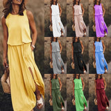 Fongt Summer New Women's Rounded Sleeveless Dress Open Multi-Colored Long