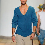 Fongt Men's Long Sleeve V-Neck Loose Sweater Fashion Casual Solid Color Knit Jumper Men's Plus