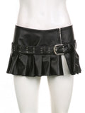 Black Pleated Belted Slit Micro Mini Skirt-Outfit