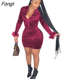 Furs Velvet Two Piece Set Dress Women Sexy V Neck Long Sleeve Buttons Crop Top Bodycon Mini Skirts Christmas