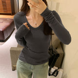 Solid Color U-Collar Slim Underwear Women's Autumn And Winter New Ins Thin Warm Long-Sleeved