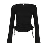 Fongt Wind Pure Desire Black Tie Simple Draw Rope Long Sleeve T-Shirt Temperament Waist Slim Heart Versatile Top-Outfit