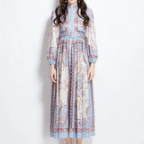 Fongt Retro Lantern Sleeve Single Buckle Positioning Print Dress Female Elegant Thin Temperament Dress
