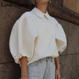 Spring Summer Chic Lantern Sleeve Top Quality Elegant Temperament Blouses Femme High Level Turn Down Collar Shirts-Outfit