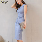 Han Queen Hot sale Office Lady Pencil Dress Summer Tight V-Neck Sleeveless Decorative Single-Breasted Folds Elegant
