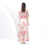 Fongt Spring New Holiday Style Printed Lotus Leaf Dress Women's Shoulder To Show Thin Spuny Chiffon Skirt