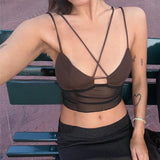 Women's Solid Color Short Tops Cross Bandages Perspective Short Camisole, Sleeveless Navel