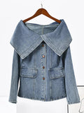 2024 Autumn Women Denim Blouse Patchwork Slash Neck Off Shoulder Single Breasted Wasit Solid Color Tops TH4518-Outfit