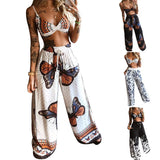 Fongt Summer New Women's Printed Sexy Breasts Loose Broad Leg Pants Two Sets