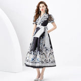 Fongt Court Dress Female Design Print Strap To The Waist Long French Bubble Sleeve Temperament Dress Dress Woman