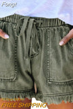 Women's Washed Denim Shorts, Casual Drawstring Elastic Waist Frayed Hem Loose Short