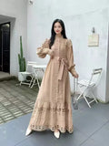 Fongt Small Vintage Hollow Lace Splicing Strap Belt Lantern Sleeve Dress Female Court Long Dress