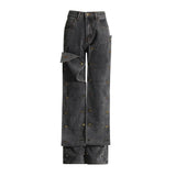 Vintage High Street Broad Leg Pants 2025 Summer New Personalized Design Stitching Button High-Waist Jeans