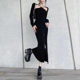 Clubwear Criss-Cross Split Bodycon Dreess Sexy Slim Solid Long Sleeve Maxi Dresses For Women 2021 Korean Style