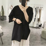 Womens T Shirts Summer Trendy Slit T-shirt Casual Loose Thin Short Sleeve Tops Korean Rolled Edge Front Short Back Long