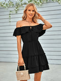 Fongt Women's Spring And Summer Casual Off-Shoulder Flounces Solid Color Dress Women-Outfit