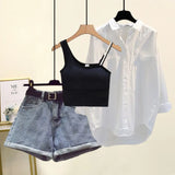 Women Summer Shorts Sets Streetwear Slash Neck Vest+white Sunscreen Blouse+denim Shorts 3 Pieces Set For Women Outfits 2022