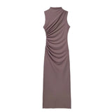New Pleated Trim Sleeveless Flute Dress 3152200-Outfit
