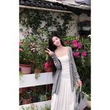 Fongt Gentle Wind Wearing Gray Long-Sleeved Knitted Cardigan Dress Suit For Women's Autumn Slings