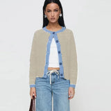Contrast O-neck Single Breasted Long Sleeve Cardigan-Outfit