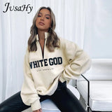 Autumn Letter Print Hoodies for Women Harajuki Style Turtleneck Zipper Long Sleeves Loose Pullovers Casual