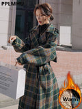 Plaid Tweed Long Woolen Coats Women Winter New Loose Wool Blend Thicken Jackets Korean Warm Cotton Padded Lined