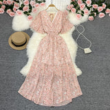 Fongt Wind Temperament Sweet Broken Flower V Collar Dress Beach Vacation Snow Spinning A Word Long Skirt-Outfit