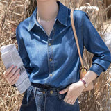 Fongt Dark Blue Soft Cowboy Shirt Women In Autumn And Winter Wearing Long-Sleeved Shirts Small Shoulders