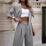 Fongt Women's Temperament Casual Stripe Short Lapel Suit Straight Pants