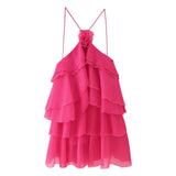 Fongt Summer New Women's Temperament Three-Dimensional Flower Decoration Cascade Lotus Leaf Side Hanging Neck Dress