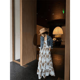 Fongt Light Luxury High-End Temperament Sister Little Fragrant Denim Jacket Blue Floral Skirt Set