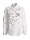 Spring 2025 New Fashion Casual Collar Hollow Flowers Splicing Hollow High-End Sense Single Row Buckle Long-Sleeved Shirt