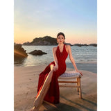 Fongt High-End Red V-Neck Hanging Neck Sling Dress Women Feel Forked And Hip Dress Seaside Holiday