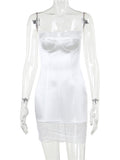Women Square Neck Mini Dress Slim Sleeveless Strap Backless Lace Patchwork Flower Embroidery Solid Dress Club Vestido-Outfit