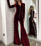 Fashion Velvet Splicing Print Long Sleeve Broad Leg