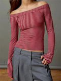 Women Slim Off-Shoulder Tees Tops Solid Color/Striped Print Long Sleeve Slash Neck T-Shirts Clubwear Spring Fall 2023-Outfit